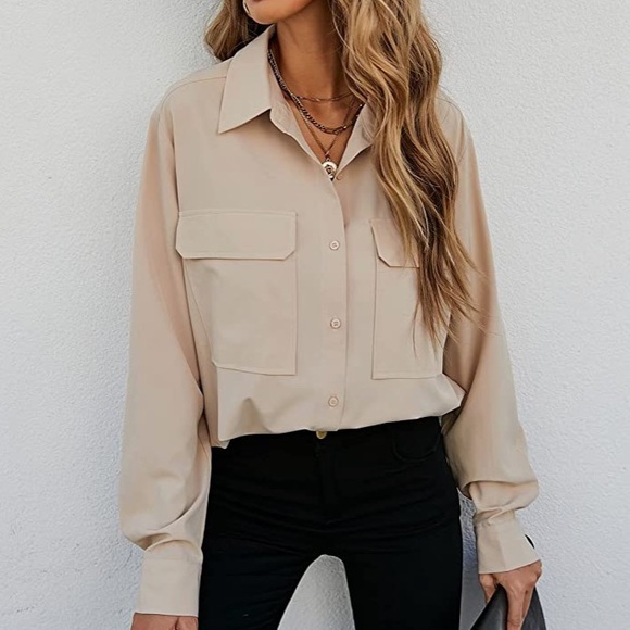 Chic Nation Tops - Light tan cargo button down shirt